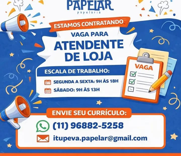  Papelar abre vaga para atendente de loja em Itupeva